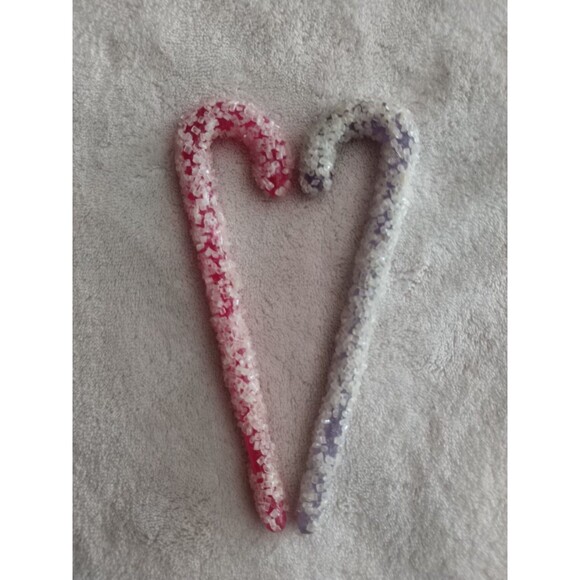 2x Vtg Commodore Plastic Sugar Coated Candy Cane Decoration Ornament ~5" 1950s